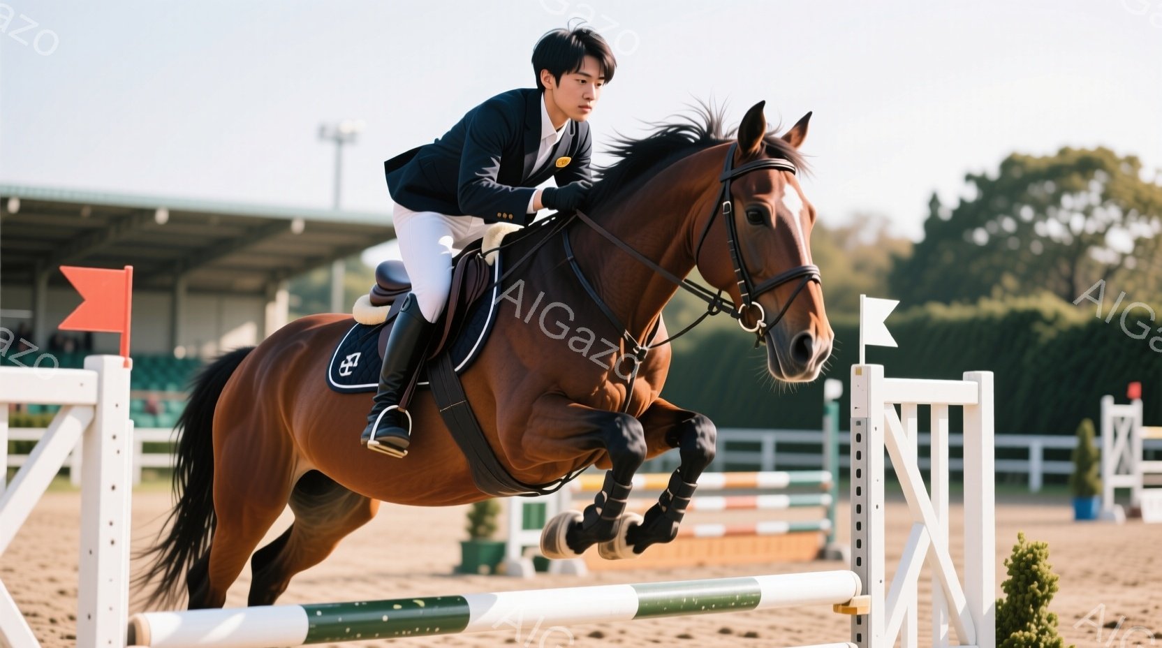 茶色の馬に乗った男性競技者が障害飛越に挑戦している様子が写っている。競技者は紺色のジャケット、白のズボン、黒いブーツを着用し、髪は短く整えられている。背景には観客席や緑豊かな木々が見え、晴天の下、競技場は活気に満ちている。