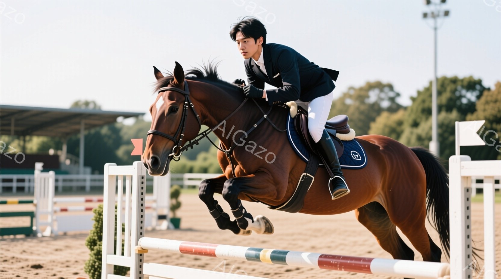 茶色の馬に乗った競技者が障害を飛び越えている様子が写っている。競技者は黒いジャケット、白いズボン、ヘルメットを着用し、集中した表情で馬を操っている。背景には観客席や緑豊かな木々が見え、晴天の下、競技会が行われている雰囲気である。
