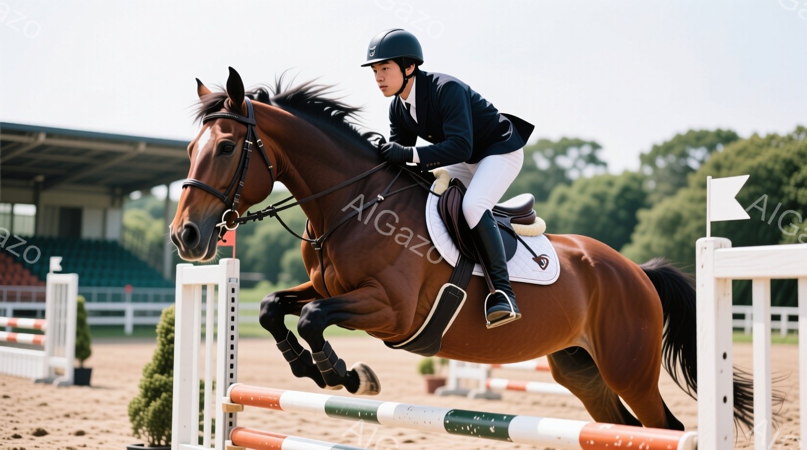 茶色の馬が障害物を飛び越える瞬間を捉えた写真です。ライダーは黒いジャケットと白いズボンを着用し、ヘルメットを被っています。背景には観客席や緑豊かな木々が見え、晴天の下、競技会が行われている様子が伺えます。
