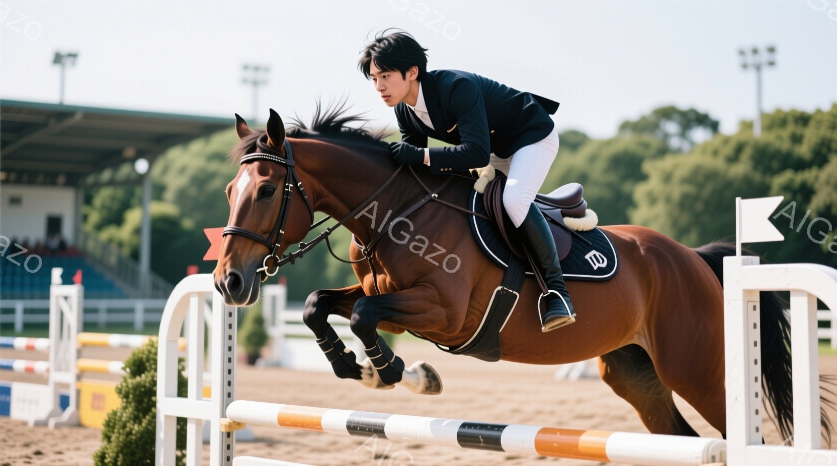 茶色の馬に乗った男性が障害飛越をしている写真です。男性は黒いジャケット、白いズボン、黒いブーツという乗馬ウェアを着用し、髪は短く整えられています。背景には観客席や緑豊かな木々が見え、晴れた日の屋外競技の様子が伝わってきます。