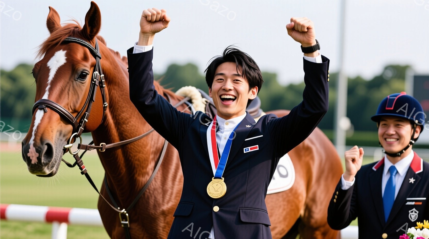 競技終了後、若い男性ライダーが勝利を喜び、両手を高く掲げています。彼は紺色のジャケットに白シャツ、赤いネクタイという装いで、金メダルを首にかけており、満面の笑みを浮かべています。背景には栗色の馬と、別 - AI生成フリー素材