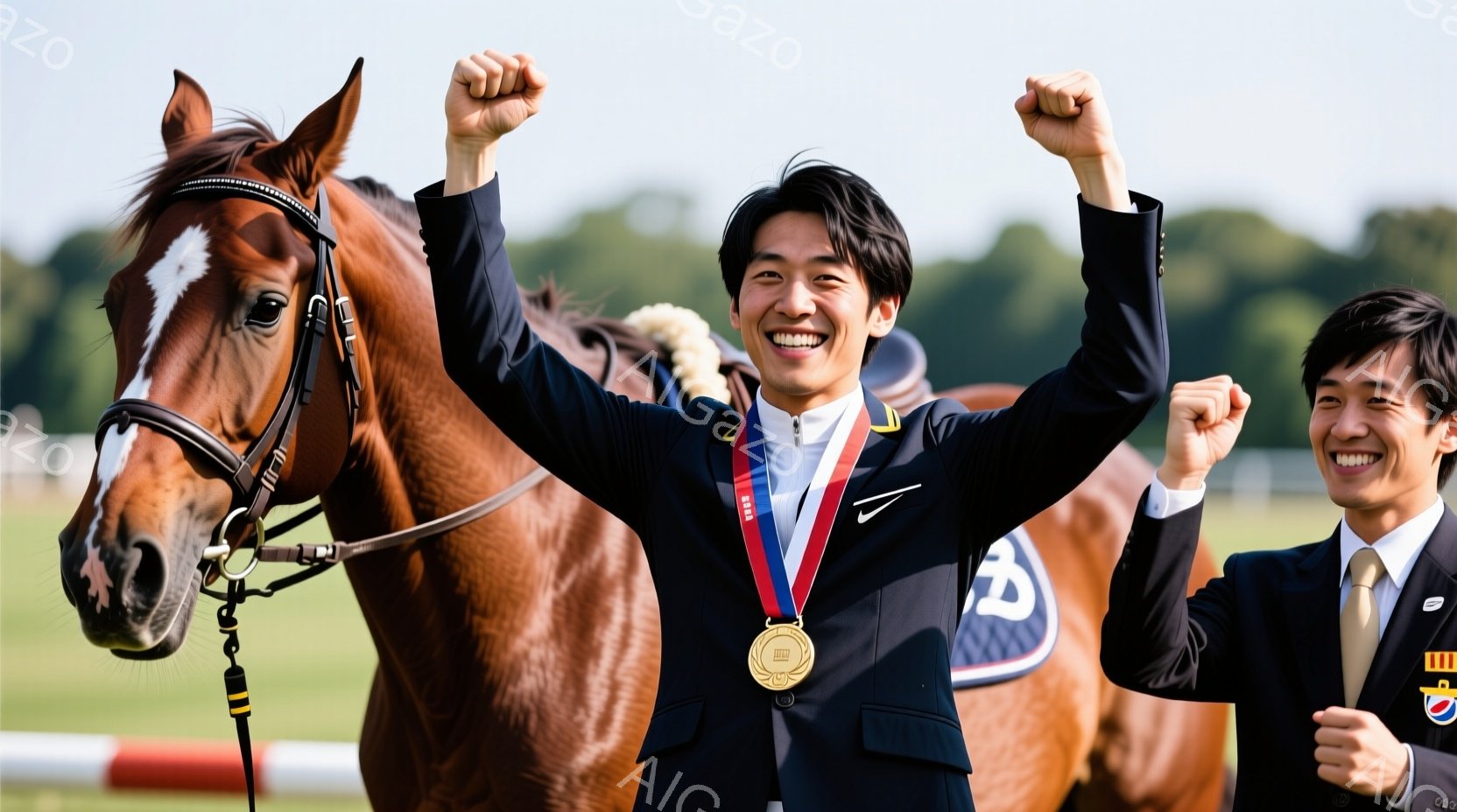 茶色の馬の隣に、金メダルを首から下げた若い男性が立っている。彼は黒いジャケットに白いシャツ、ネクタイ姿で、両手を高く上げて勝利を喜んでいる。背景には緑豊かな木々が見え、晴天の下、競技会の成功を祝う活気 - AI生成フリー素材