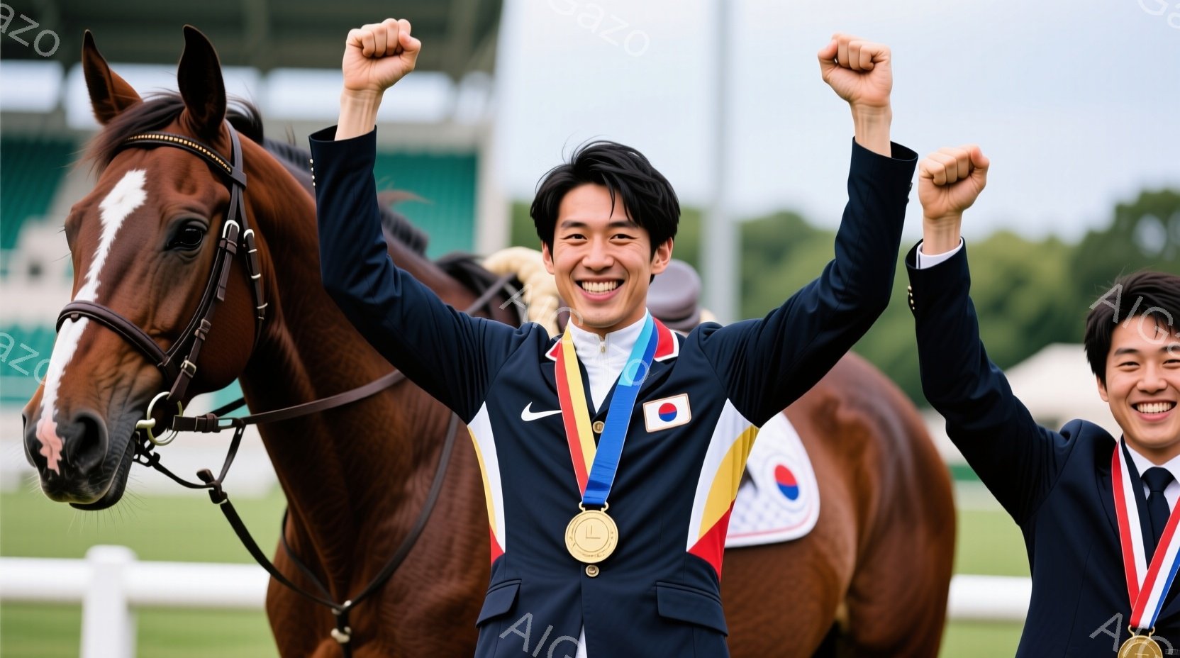 競技者は、日本のユニフォーム（紺色のジャケット、白いシャツ、ネクタイ）を着て、金メダルを首にかけて歓喜しています。髪型は短髪で、満面の笑みを浮かべ、両腕を高く上げて勝利を祝っています。背景には、茶色の - AI生成フリー素材