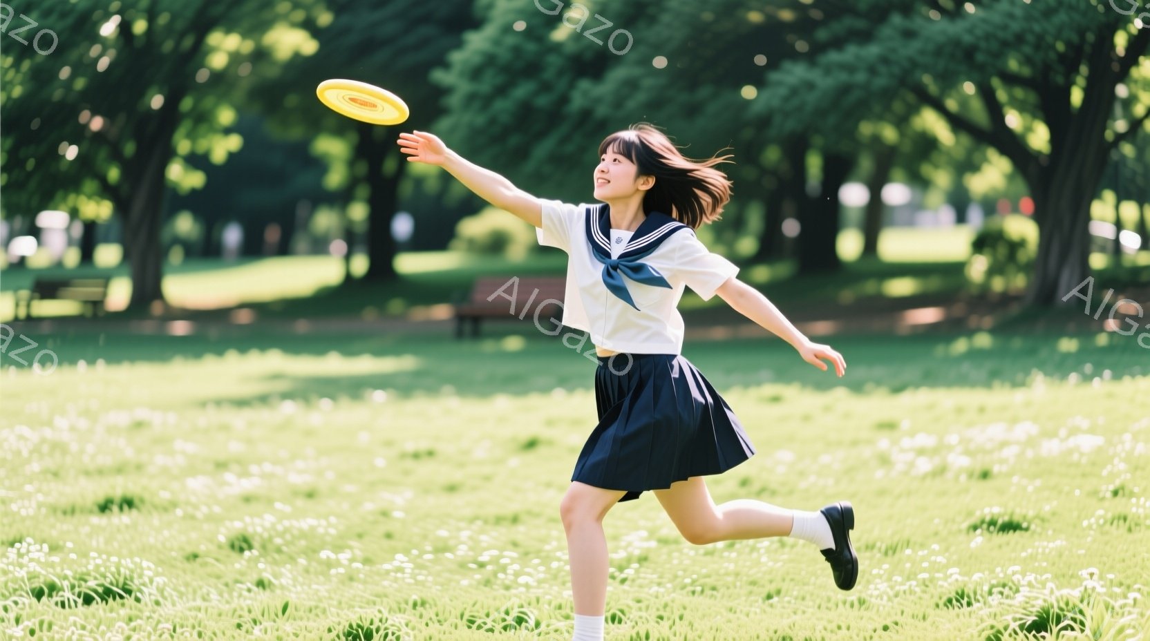 緑豊かな公園で、制服姿の女子学生がフリスビーを投げている途中の姿が捉えられています。彼女は紺色のリボンとブレザー、プリーツスカート、ソックス、黒い靴を身につけ、髪を軽く巻いたスタイルで、笑顔を浮かべて - AI生成フリー素材