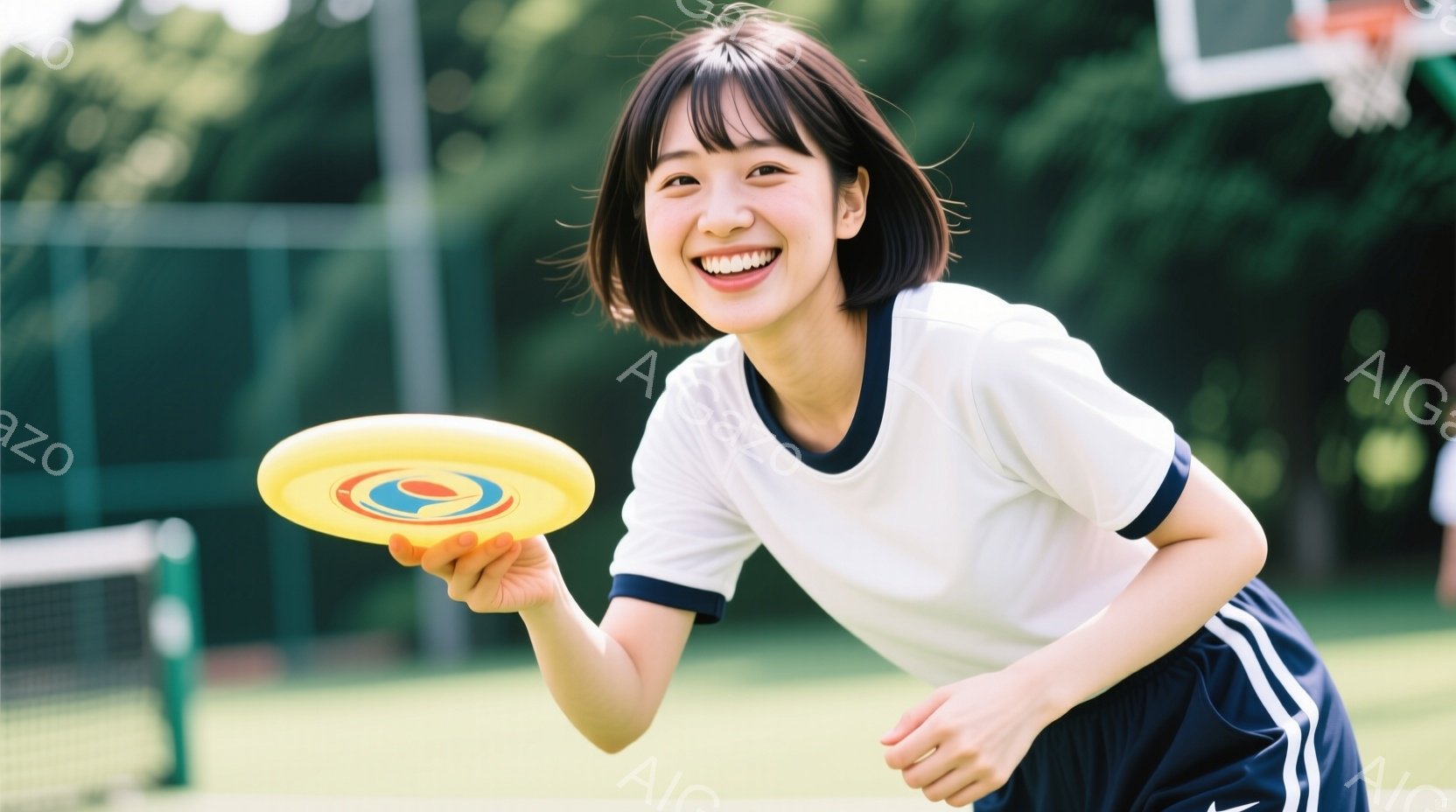若い女性が芝生のフィールドでフリスビーを持っている様子が写っています。彼女は白い襟付きのシャツと紺色の短パンを着ており、明るい笑顔を見せています。背景には緑豊かな木々やテニスコートのネットが見え、晴れ - AI生成フリー素材