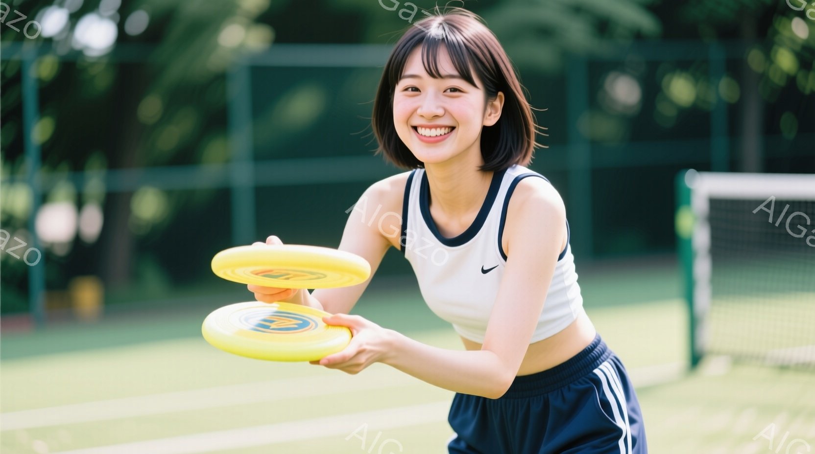 白いタンクトップと紺色の短パンを着た若い女性が、テニスコートで黄色いフリスビーを両手に広げて笑顔を見せています。彼女は肩までの長さの黒髪で、表情は明るく、活動的です。背景には緑の木々とテニスネットが見 - AI生成フリー素材