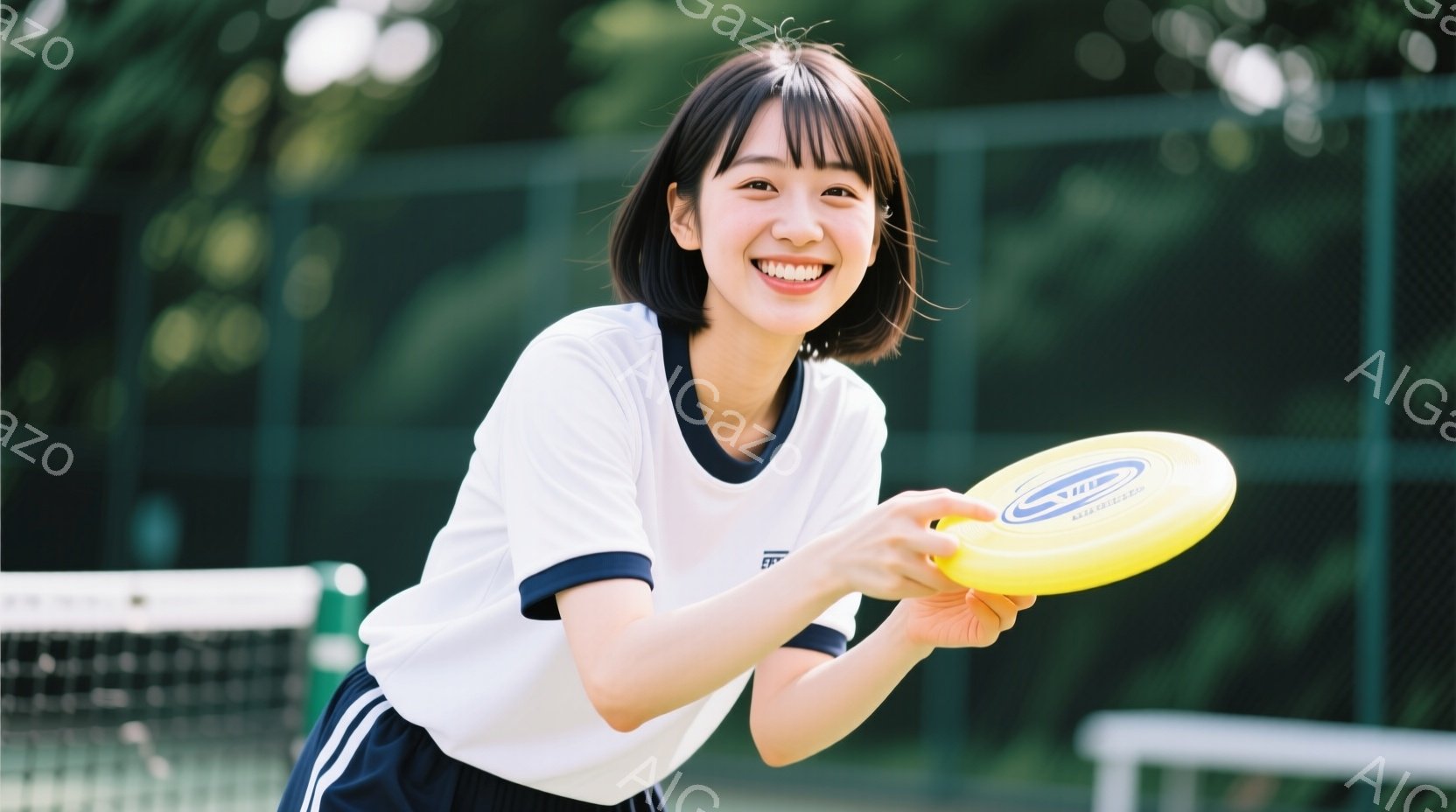 若い女性がテニスコートで黄色いフリスビーを持っている。彼女は白い縁取りのある青いトリムのTシャツを着ており、ダークブラウンのボブヘアで、笑顔を見せている。背景には緑豊かな木々とフェンス、そして明るい日 - AI生成フリー素材