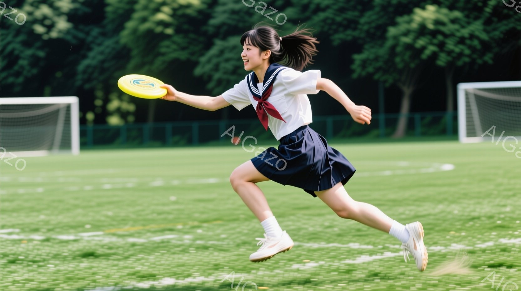 制服姿の女子高生が、緑の芝生の上を走りながらフリスビーを投げようとしています。彼女は白いブラウスに濃い紺色のスカート、赤いリボンを着用し、髪はポニーテールに結ばれています。背景にはサッカーゴールと緑豊 - AI生成フリー素材