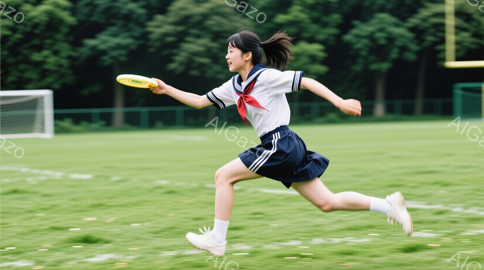 制服姿の女子高生が、緑の芝生の上を走り、フリスビーを投げようとしている瞬間を捉えた写真です。紺色のスカートと白いブラウス、赤いリボンが特徴的で、髪はポニーテールに結ばれています。背景には緑豊かな木々が - AI生成フリー素材