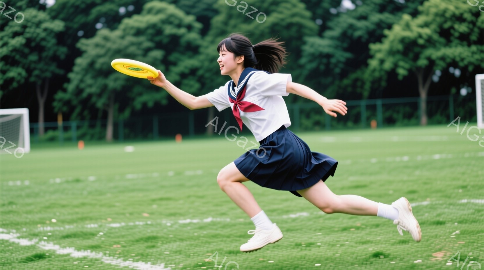 制服姿の女子学生が、緑の芝生の上を力強く走り、黄色いフリスビーを投げる寸前の姿が捉えられています。彼女は白いブラウスに濃い紺色のスカート、白い靴下とスニーカーを履き、髪はポニーテールに結ばれています。背景には緑豊かな木々が広がり、晴れた空の下、活気に満ちたスポーツの瞬間が切り取られています。