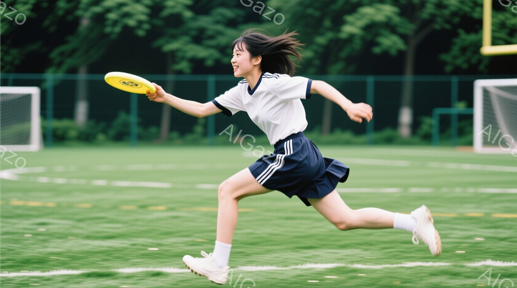 緑の芝生の上を、白いシャツと紺色のスカートの少女が走っている。彼女はフリスビーを投げようとしており、顔には笑顔が浮かび、髪は風になびいている。背景にはサッカーゴールが見え、晴れた日の屋外で活気に満ちた - AI生成フリー素材