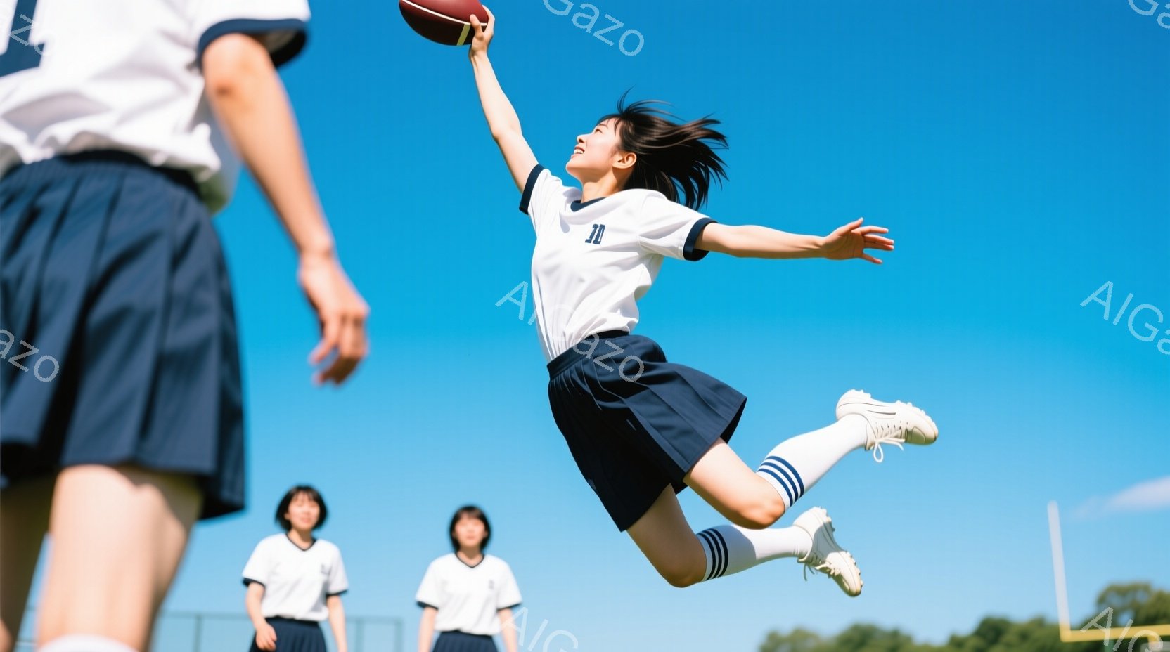 青空の下でフットボールの試合をする女子高生たちが写っています。一人の女子高生はジャンプしてボールをキャッチしようとしており、黒いスカートと白いセーター、そして白いソックスとシューズを身につけています。 - AI生成フリー素材