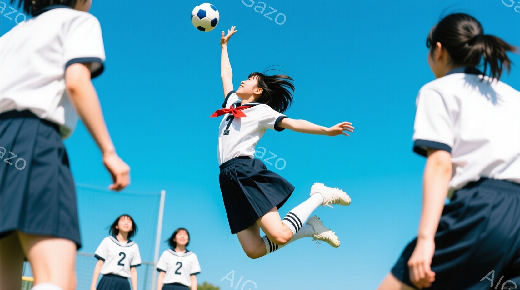 紺色のヘアバンドで髪をまとめた女子高生が、緑の芝生の上でサッカーボールを蹴り上げる瞬間を捉えた写真です。彼女は白い半袖シャツに紺色のスカート、白いソックスとスニーカーを履いており、空に向かって大きくジ - AI生成フリー素材
