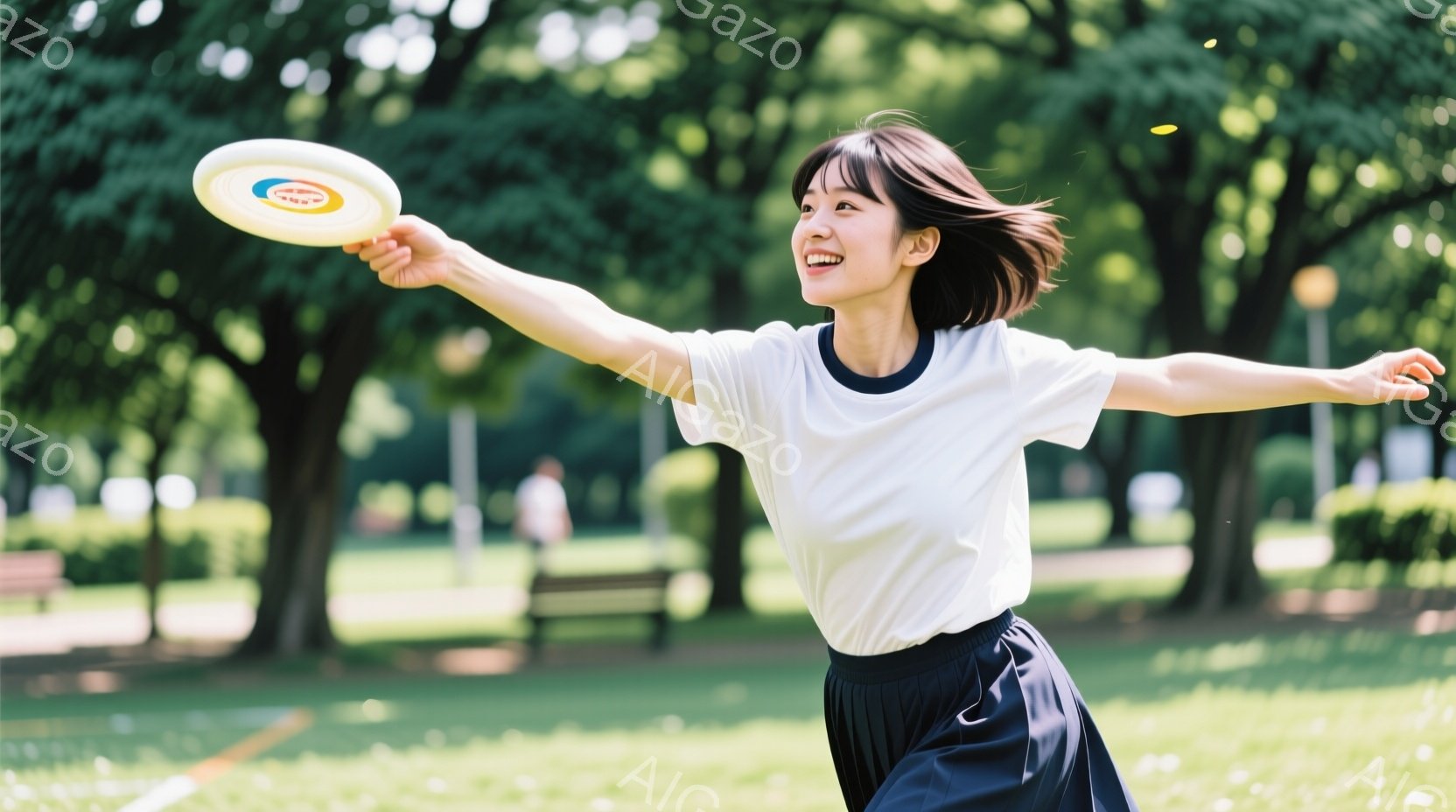 短い髪の女性が芝生の上でフリスビーを投げようとしています。白い襟付きのシャツと黒いスカートを着ており、笑顔で楽しそうにしています。背景には緑豊かな木々とベンチが見え、晴れた日の公園の穏やかな雰囲気が感じられます。