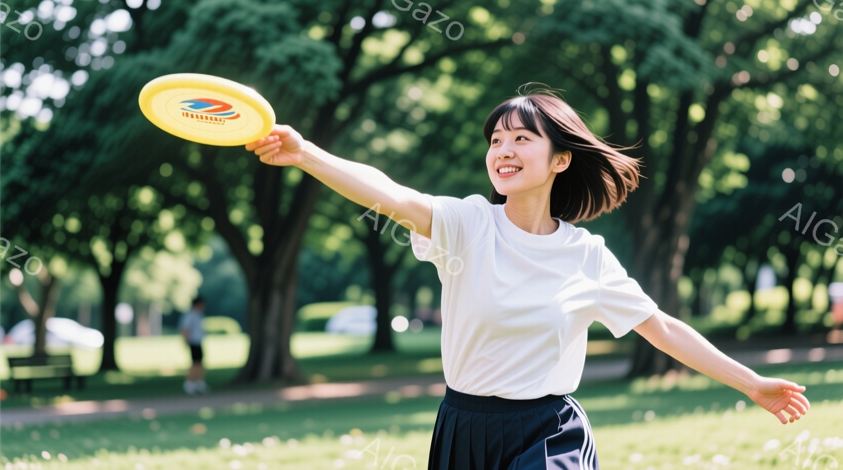 若い女性が芝生の上でフリスビーを投げようとしている様子が写っています。彼女は白いTシャツと黒いプリーツスカートを着用し、肩までの長さの茶髪をしています。背景には緑豊かな木々と、ぼんやりと見える車や建物 - AI生成フリー素材
