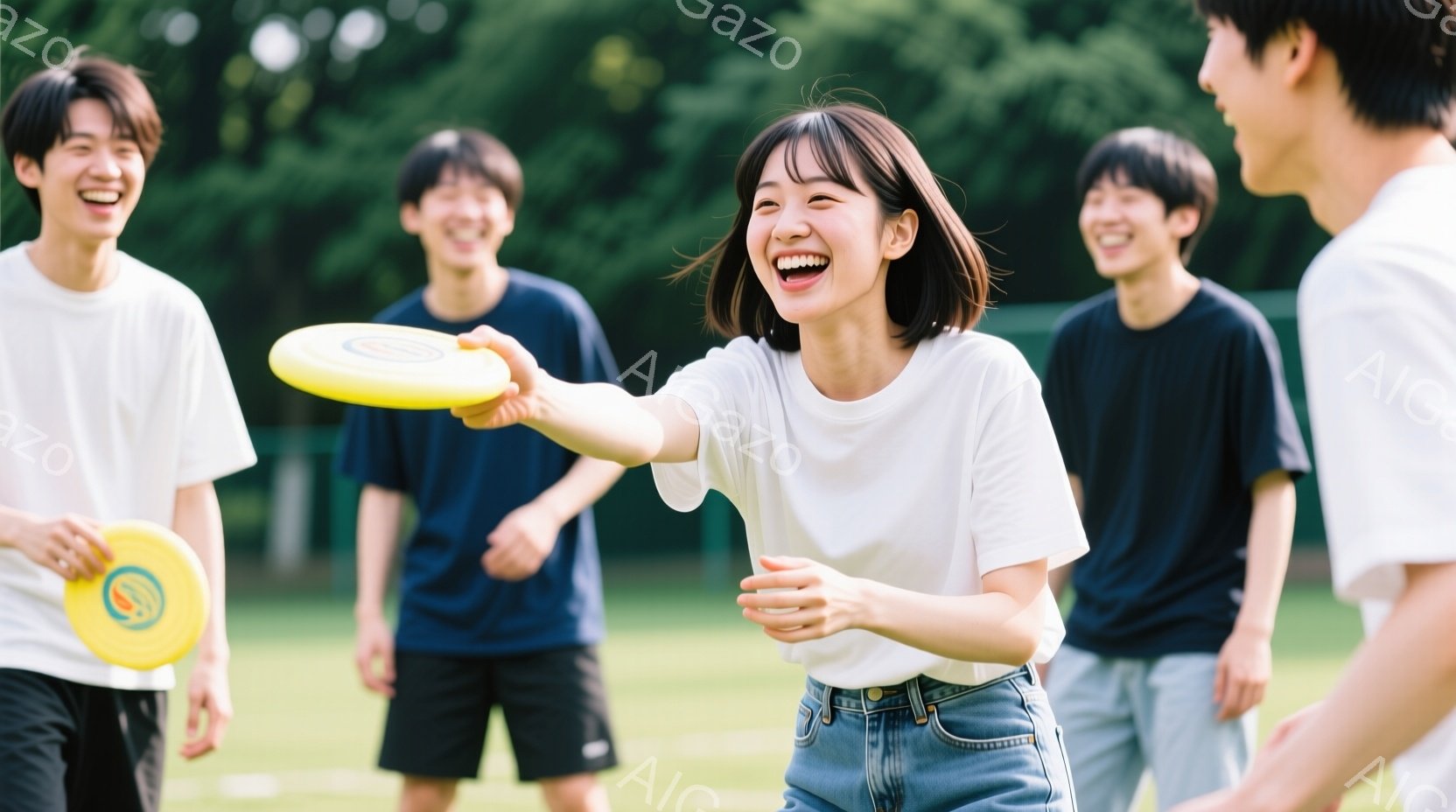複数の若い男女が芝生の上でフリスビーを楽しんでいる様子が写っている。女性は白いTシャツとジーンズを着て、髪を短くカットしており、フリスビーを投げるために腕を伸ばし、満面の笑みを浮かべている。背景には緑 - AI生成フリー素材