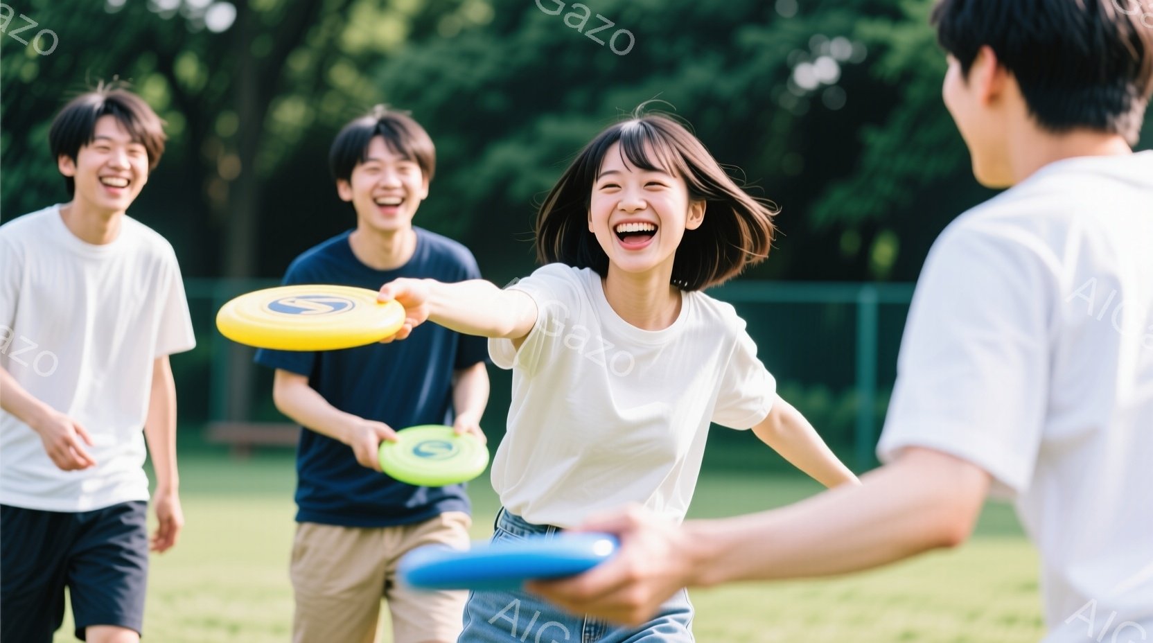 晴れた日の公園で、若い男女がフリスビーを楽しんでいる様子が写っている。女性は白いTシャツとデニムのショートパンツ姿で、髪を耳にかけると笑顔でフリスビーを投げている。背景には緑豊かな木々が見え、明るく楽 - AI生成フリー素材