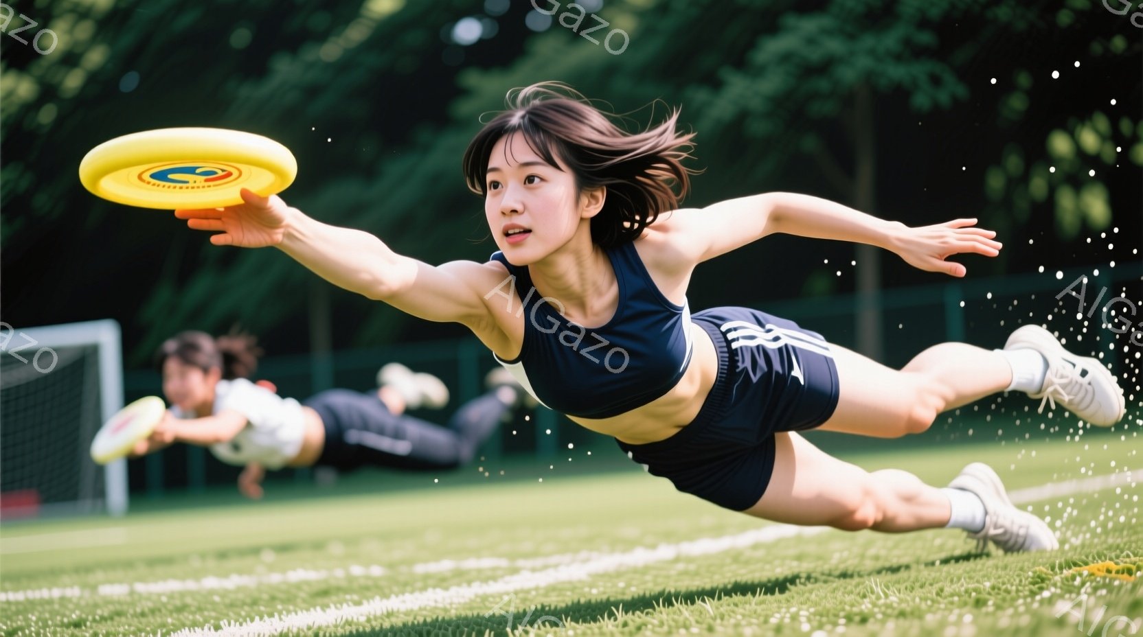 スポーツウェアを着た女性が、緑の芝生の上でフリスビーをキャッチしようとダイブしている様子が捉えられています。彼女は黒のタンクトップとショートパンツを着用し、髪は後ろでポニーテールに結ばれており、集中した表情でフリスビーに手を伸ばしています。背景にはネットとぼやけた人物、そして木々が見え、晴れた日の活気のある雰囲気が伝わってきます。