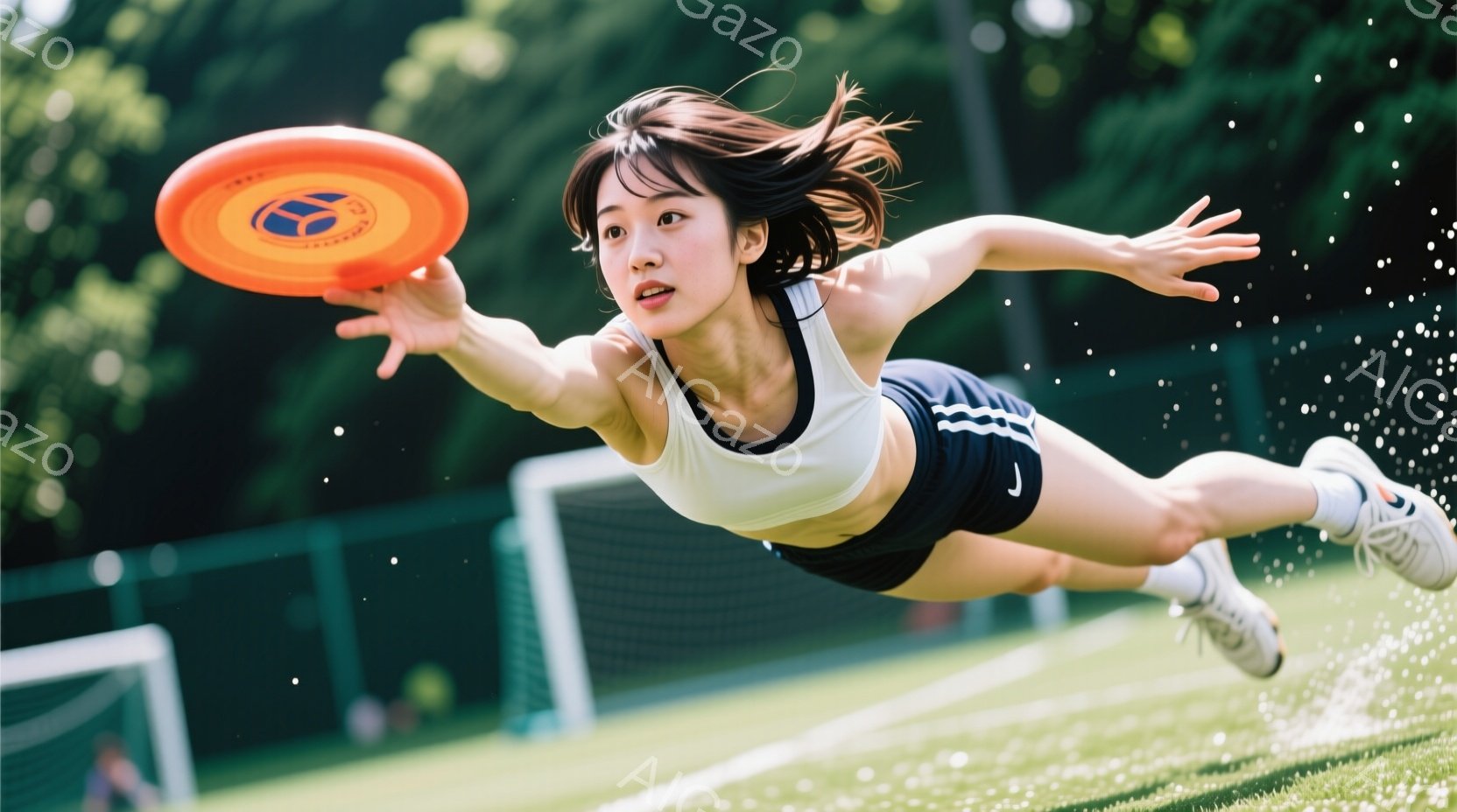 女性は空中でディスクをキャッチしようと、ダイナミックな姿勢で体を伸ばしている。彼女は白いスポーツブラと黒いショートパンツを着用し、髪は後ろでまとめて飛んでいる途中の風を受けている。背景には緑豊かな芝生、テニスコートのネット、そしてぼやけた木々が見え、晴れた日の屋外アクティビティの活気ある雰囲気を醸し出している。