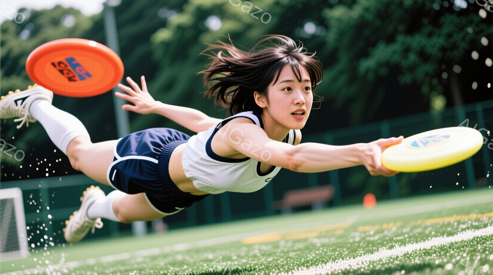 紺色のショートパンツと白いクロップド丈のトップスを着た若い女性が、緑の芝生の上でダイブしてフリスビーをキャッチしようとしている。彼女は長い髪を後ろでまとめており、真剣な表情で空中に伸びた手でフリスビーに手を伸ばしている。背景には緑豊かな木々とフェンスが見え、晴れた日のアクティブなスポーツシーンが捉えられている。