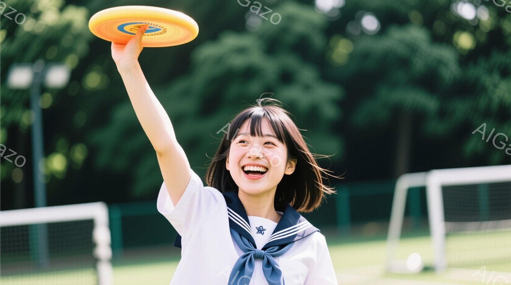 セーラー服を着た若い女性が写っており、満面の笑みを浮かべている。彼女は片手を高く上げ、フリスビーを握っている。背景は緑豊かな芝生とテニスコートで、晴れた日の屋外の様子がうかがえる。 - AI生成フリー素材