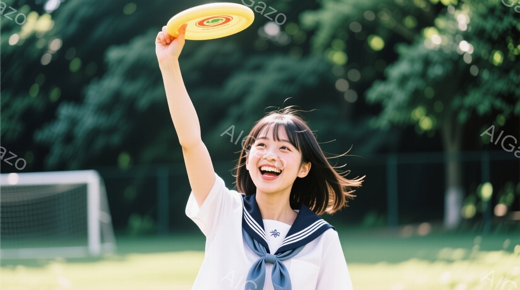 短い茶髪を耳にかける女子高生が、空に向かってフリスビーを投げる様子が写っている。白いブラウスに紺色のリボンとセーラー服を着ており、満面の笑みを浮かべ、とても楽しそうに見える。背景には緑の木々とサッカー - AI生成フリー素材