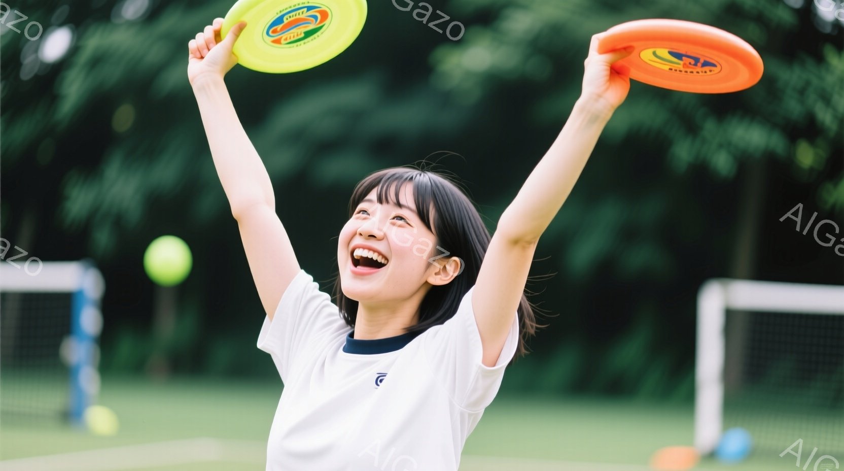 女性がフレッジで笑顔し、腕を挙げたりするなどのポジティブな姿勢を示している。彼女は白い上着と黒のスニーカートを着用しており、髪型はショートカットである。背景には草地や木々が見られる。フレッジは概ね陽性であり、楽しさと活気が伝わる印象を与える。