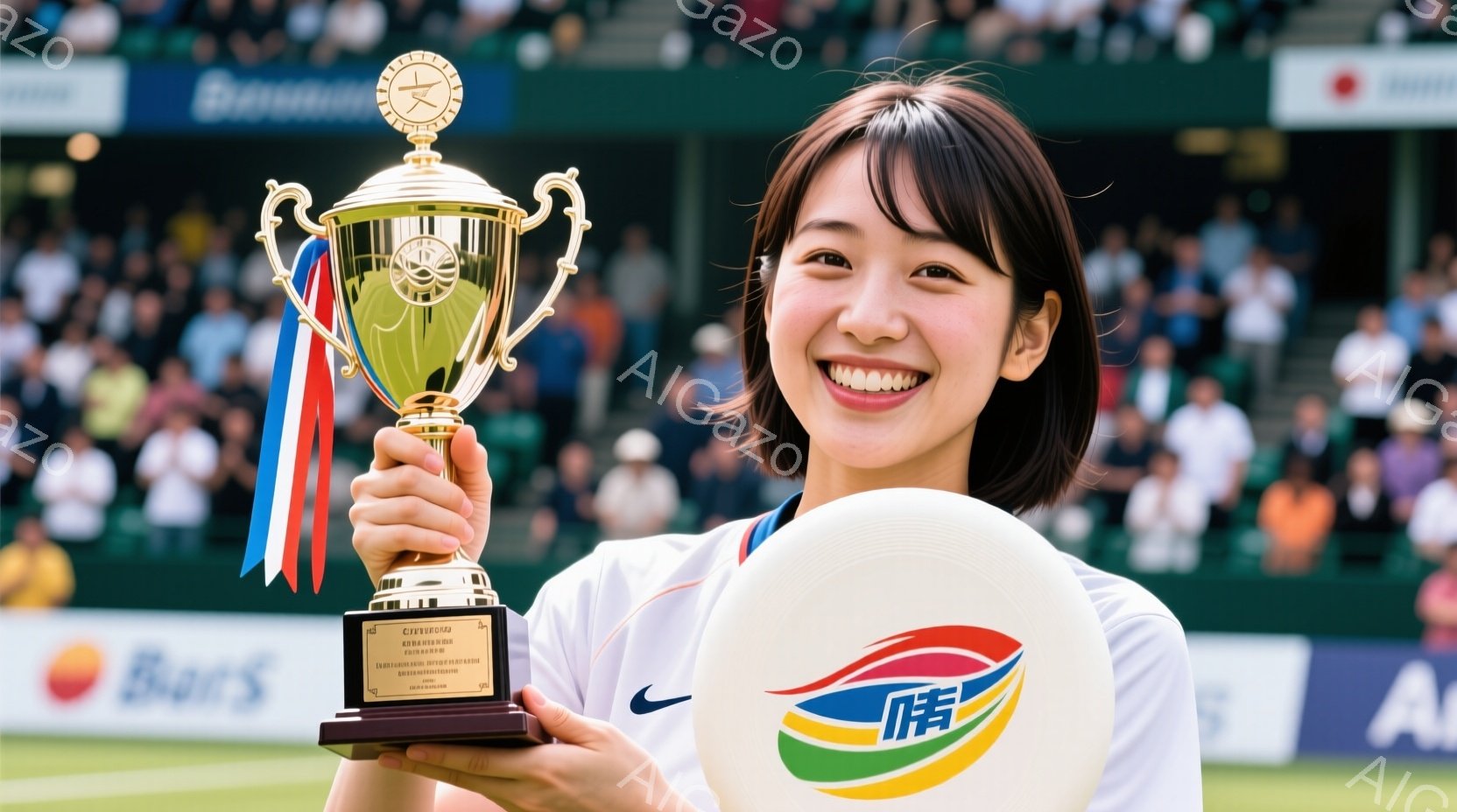 この女性は、緑の芝生のあるスタジアムで、金色のトロフィーを高く掲げて笑顔を浮かべています。白いサッカーユニフォームに、短くカットされた髪型で、とても喜んでいる様子が伝わってきます。背景には観客席が見え - AI生成フリー素材