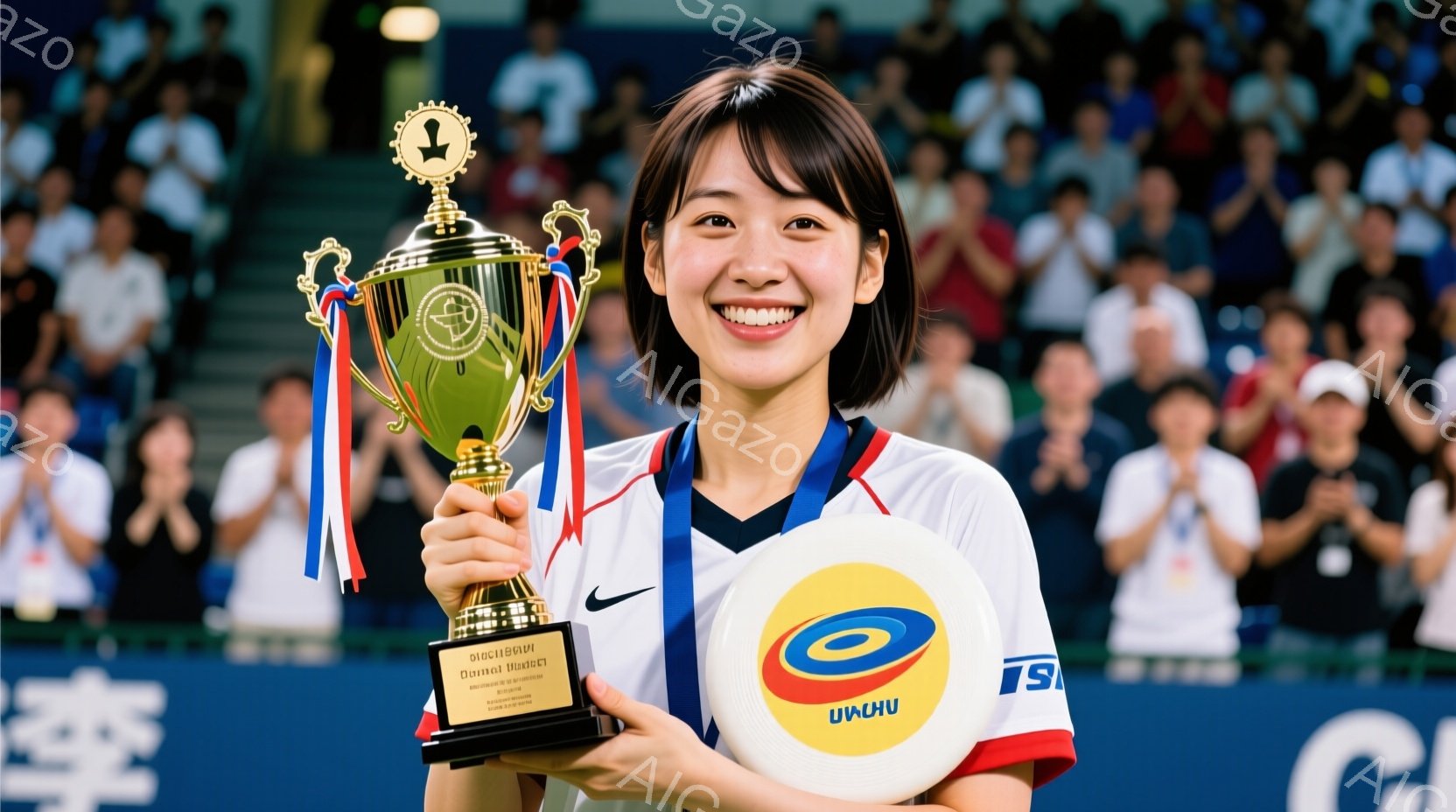 この女性は、白いシャツに青い縁取りと赤いストライプが入ったスポーツウェアを着ており、長い黒髪を後ろで一つにまとめています。彼女は満面の笑みを浮かべ、金色のトロフィーを高く掲げており、その姿勢は勝利の喜びを表しています。背景には、ぼやけた観客席とスポンサーロゴが見え、競技会場のような雰囲気で、明るく華やかなムードが漂っています。