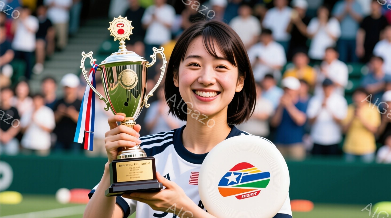 女性は、白と黒のストライプの半袖シャツとショーツ姿で、満面の笑みを浮かべています。彼女は、金色のトロフィーとバレーボールを高く掲げており、その姿勢は勝利の喜びを表現しています。背景には緑色の芝生と観客 - AI生成フリー素材