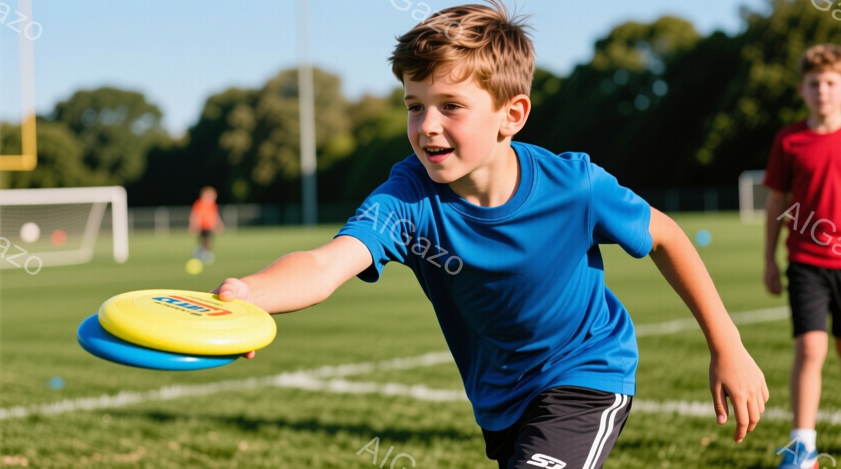 少年は青いTシャツと黒いショートパンツを着て、フリスビーを投げようとしているところです。彼は笑顔で、髪は短く、前髪が少し落ちています。背景には緑の芝生、サッカーゴール、そしてぼんやりとした木々が見え、 - AI生成フリー素材