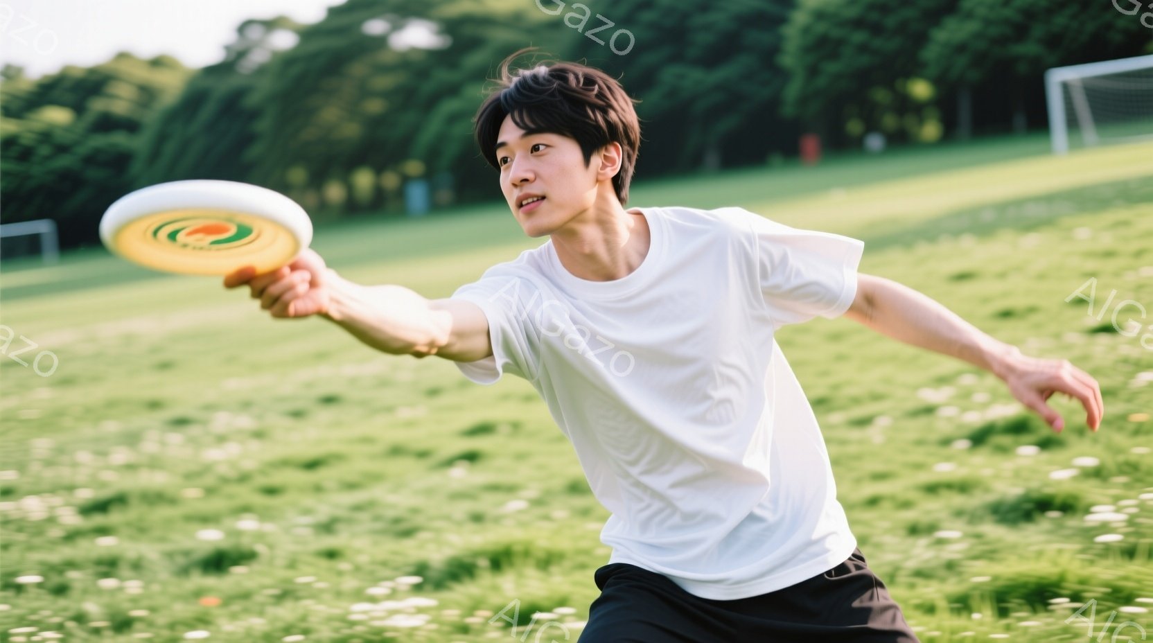 若い男性が緑の芝生の上でフリスビーを投げている様子が写っている。白のTシャツと黒のパンツを着用し、少し長めの黒髪は風になびいている。背景には緑豊かな木々が見え、晴天の下で活気のある雰囲気が漂っている。 - AI生成フリー素材