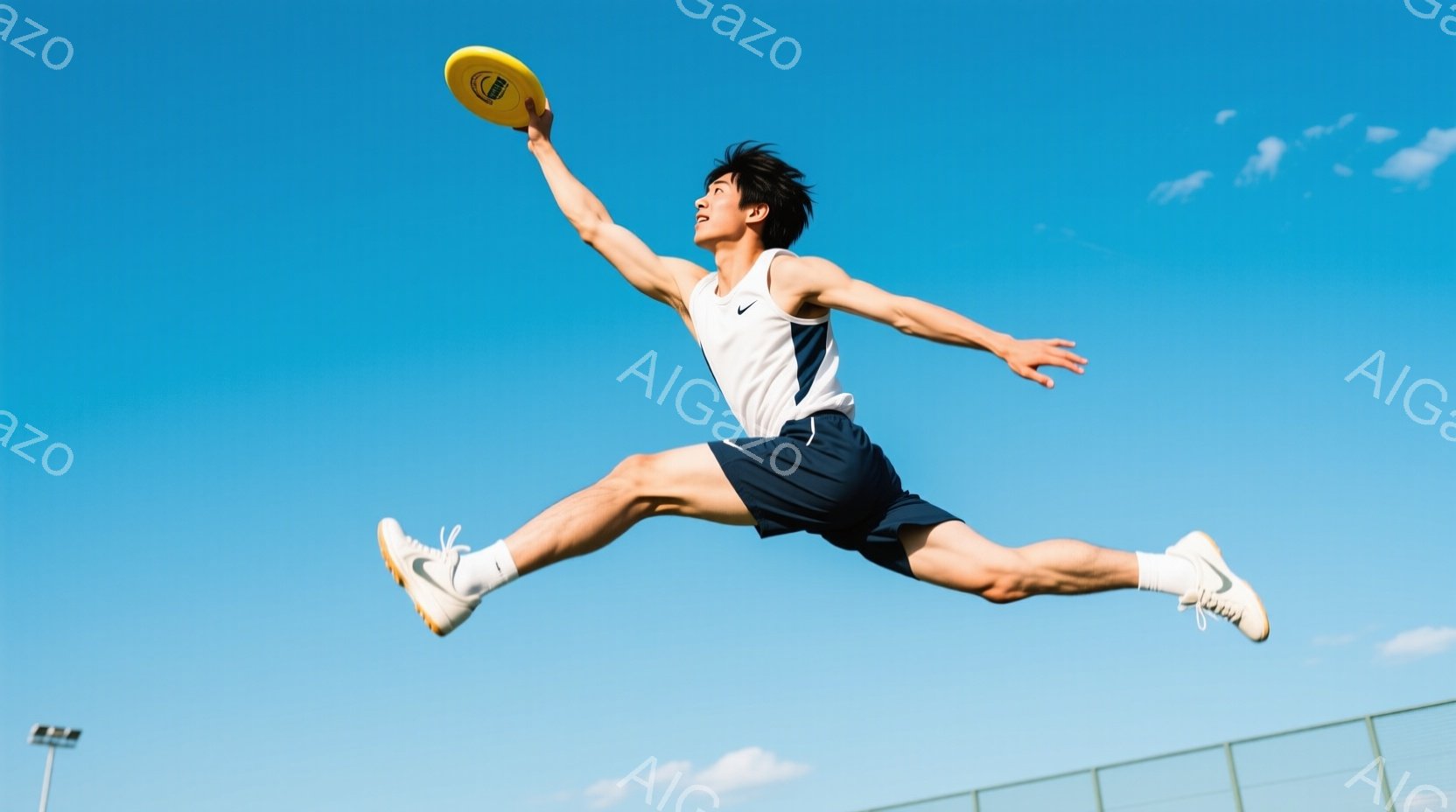 空中でディスクをキャッチしようとしている若い男性が写っています。彼は白いタンクトップと紺色の短パン、白い靴を着用し、黒い髪は短く整えられています。背景は青空とトラックで、晴れた日のアクティブな雰囲気が - AI生成フリー素材