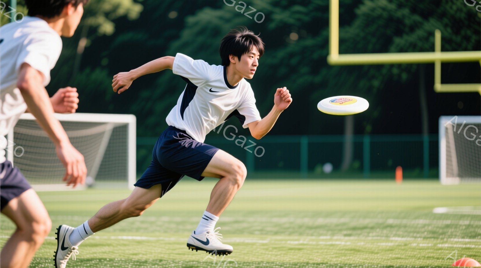 鮮やかな緑の芝生の上を、紺色の短パンと白い半袖シャツを着た若い男性が走っている。彼はNikeのスパイクを履いており、髪は短く整えられているが、走ることに集中して表情は見えない。背景にはサッカーゴールとオレンジ色のコーンが点在し、晴れた日の屋外スポーツの活気ある雰囲気が漂っている。