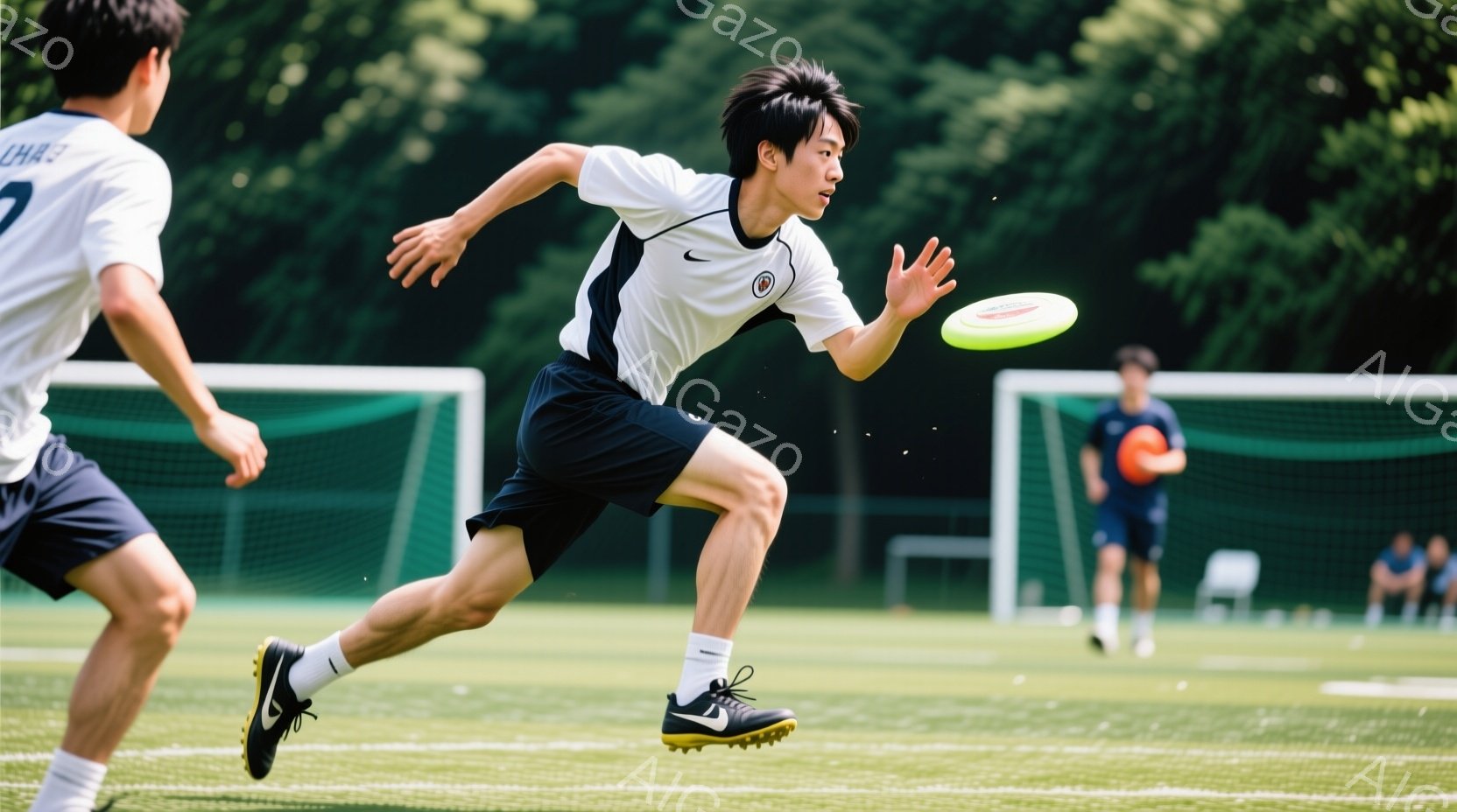 若い男性がフリスビーを投げようとしている瞬間を捉えた写真です。白と黒のストライプのシャツと黒い短パン、スパイクを履いており、髪は短く整えられています。背景には緑の芝生、サッカーゴール、そしてぼやけた他 - AI生成フリー素材