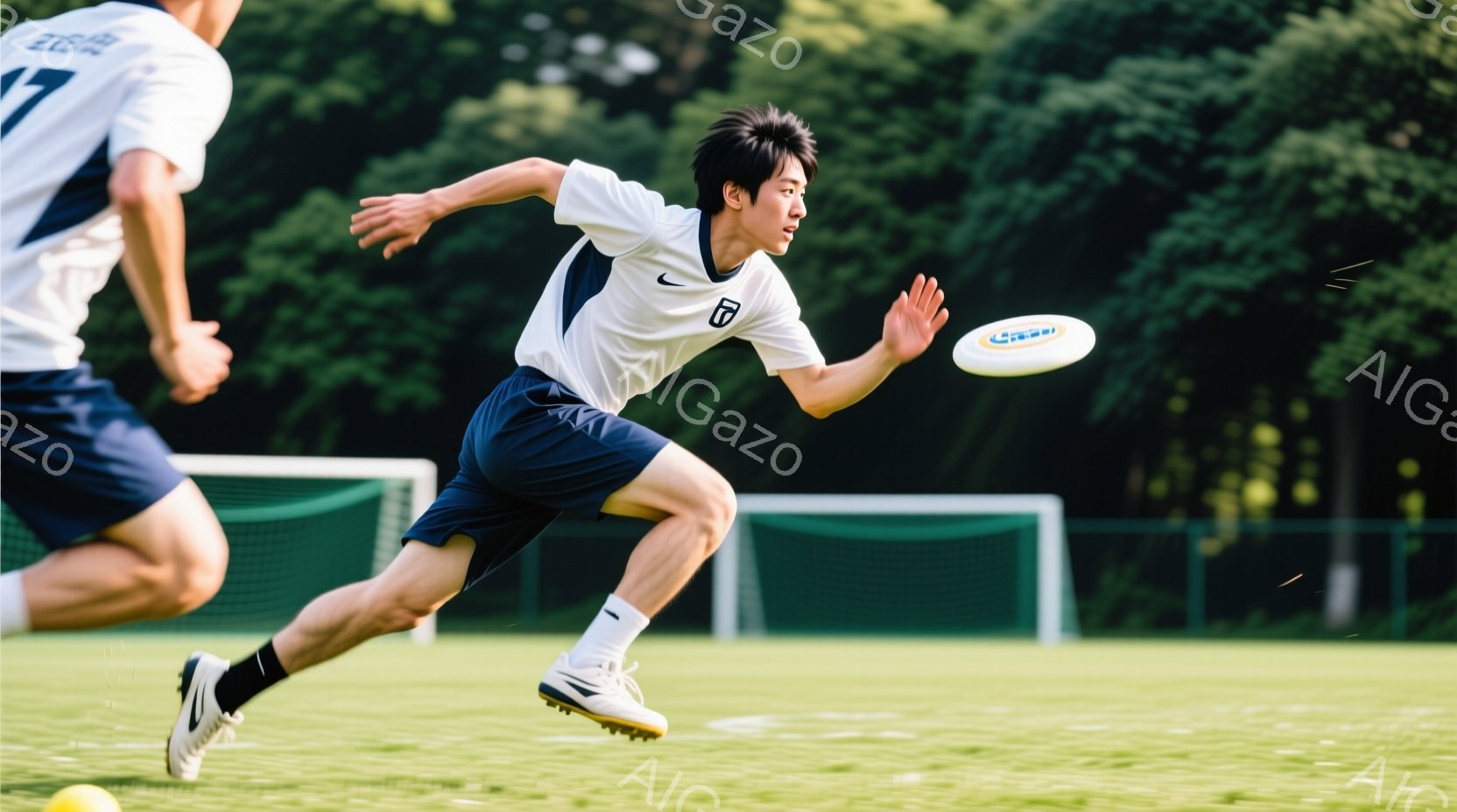 選手が緑の芝生の上を走り、手にはフライングディスクを持っている。白いシャツに濃い青いショーツ、そしてスパイクを履いており、黒髪を短く整えた姿は躍動感に満ちている。背景には緑のサッカーゴールと木々が見え、晴れた日の屋外でスポーツを楽しんでいる様子が伝わる。
