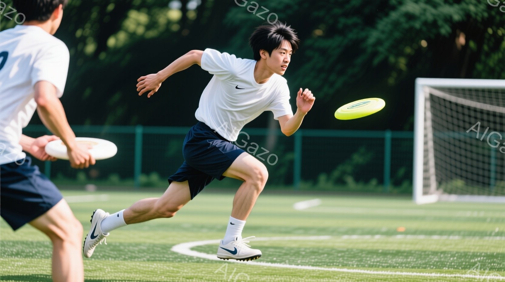 若い男性が緑の芝生の上を走り、フリスビーを追いかけている様子が写っている。彼は白いTシャツに紺色のショーツ、白のソックスとスニーカーを着用し、短く整髪された髪で、集中した表情で走っている。背景には緑の - AI生成フリー素材