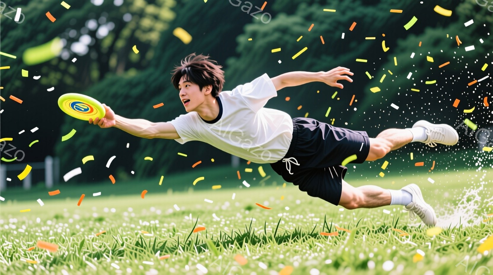 鮮やかな緑の芝生の上を、若い男性がフリスビーをキャッチするためにダイビングしている様子が写っています。彼は白の半袖シャツと黒のショーツ、そして白いスニーカーを着用し、黒髪を無造作にしています。背景には - AI生成フリー素材