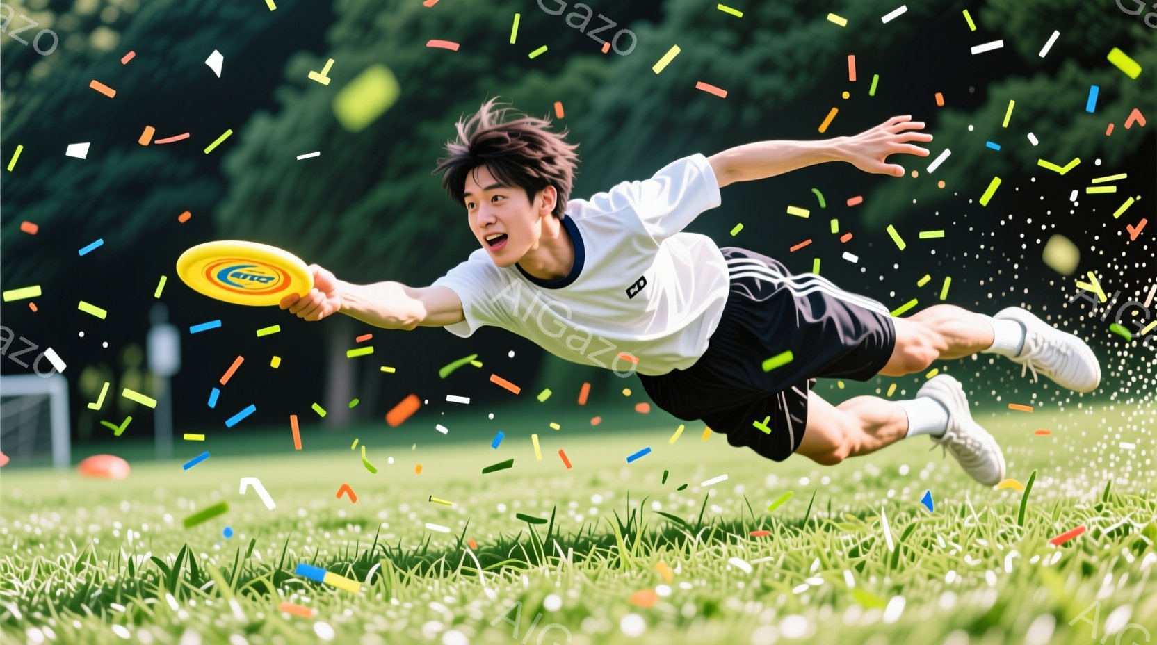 若い男性が緑の芝生の上をダイブするように走り、空中でフリスビーをキャッチしようとしています。彼は白いTシャツと黒いショートパンツ、運動靴を身に着け、黒髪を無造作にスタイリングしています。背景には芝生と - AI生成フリー素材