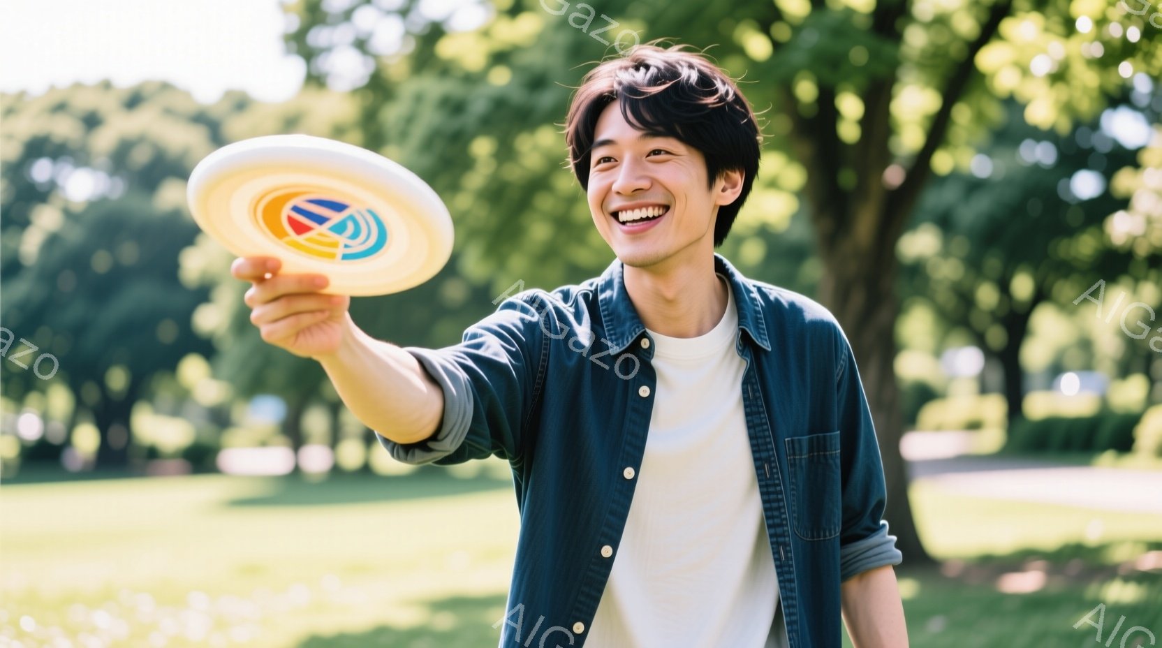 若い男性が青いデニムシャツと白いTシャツを着て、芝生の上に立っています。彼は笑顔で、カラフルなフリスビーを前に突き出して持っており、投げようとしている様子です。背景には緑豊かな木々が見え、晴れた日の穏 - AI生成フリー素材