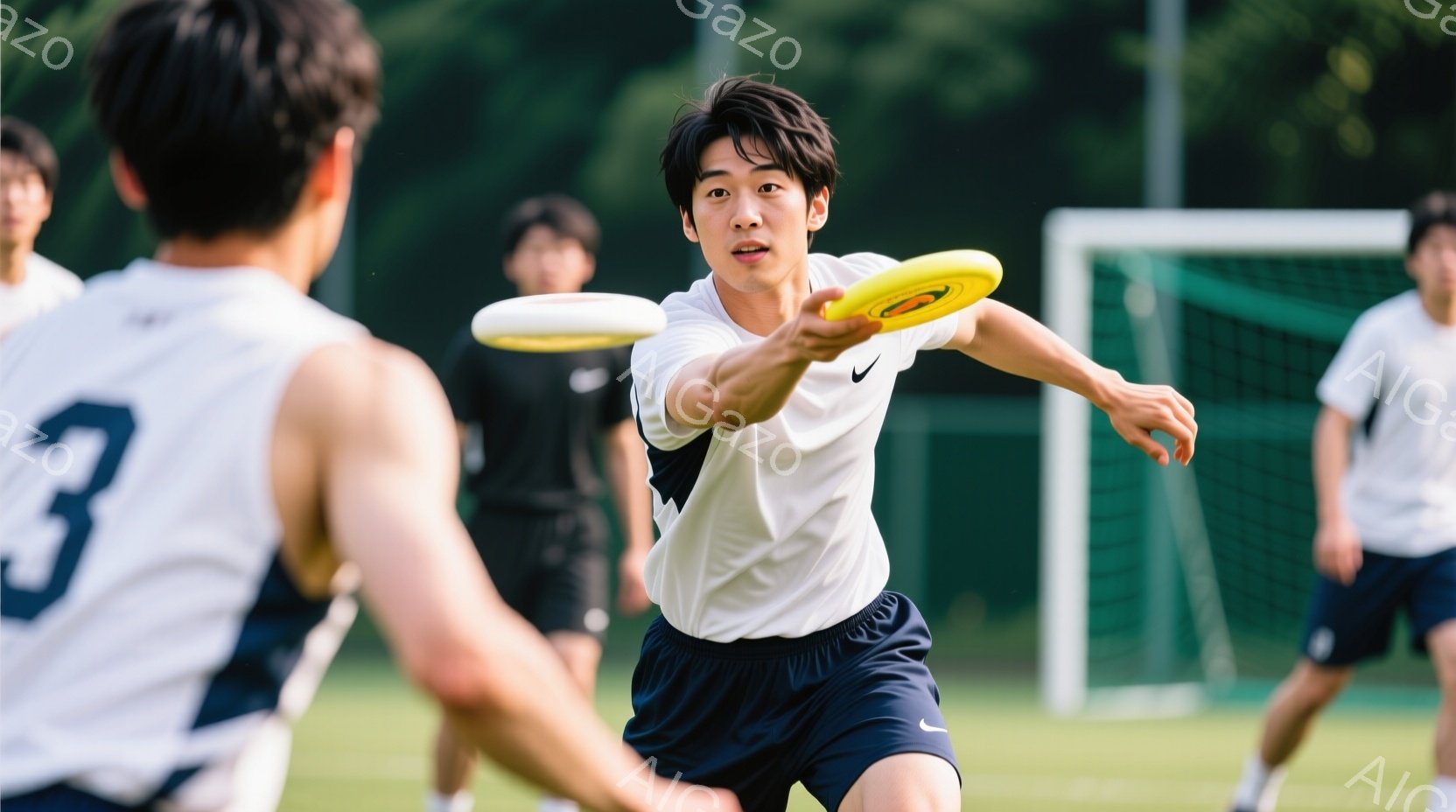 若い男性がフリスビーを投げている様子が写っている。彼は白い半袖シャツに濃い青色の短パンを着用し、黒髪を短く整えている。背景には緑の芝生とネット、そしてぼんやりと木々が見え、晴れた日の屋外でのスポーツア - AI生成フリー素材