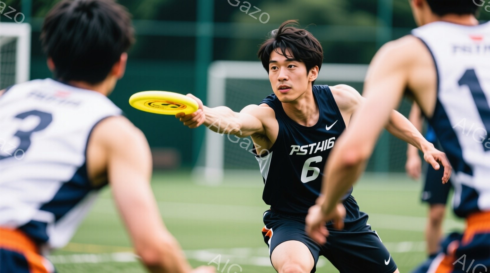 黒いユニフォームに「6」の番号が書かれた若い男性が、フリスビーを投げている瞬間を捉えた写真です。彼は黒髪で、集中した表情をしており、フリスビーに向かって腕を伸ばしています。背景には緑の芝生とサッカーゴールが見え、晴れた日の屋外スポーツの活気を感じさせます。