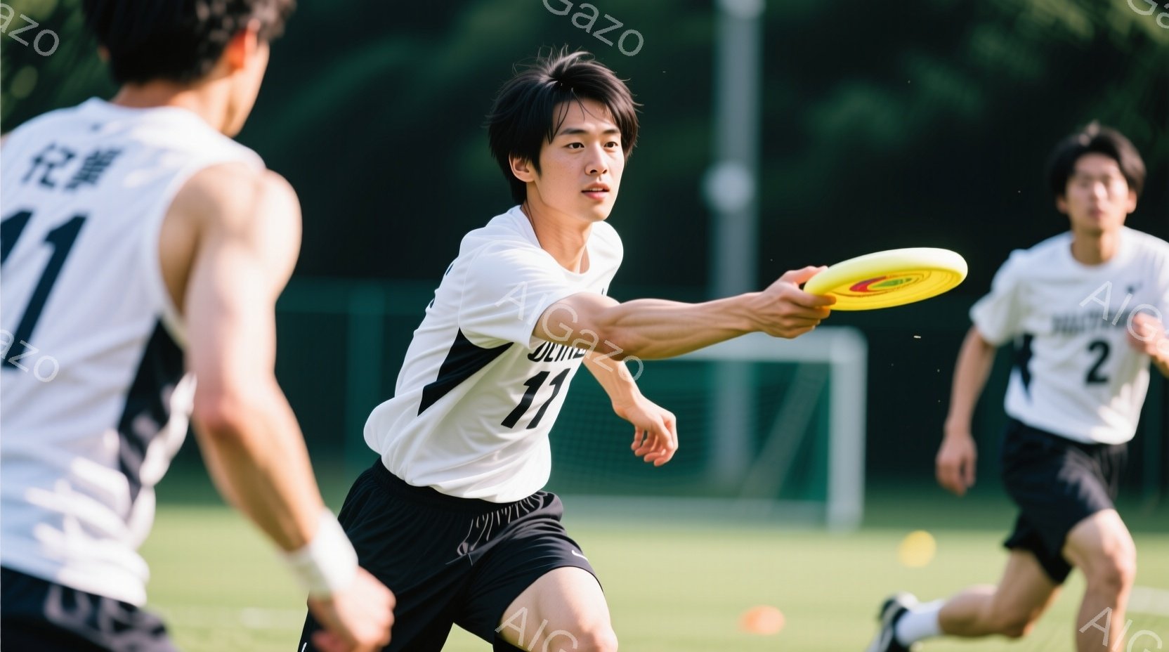 若い男性がフリスビーを投げている様子が写っている。白地に黒のラインが入ったユニフォーム（背番号11）と黒の短パンを着用し、黒髪を短く整えている。背景には緑の芝生と、ぼやけた白いネット、そして遠景に木々が見え、晴れた日の屋外でのスポーツ活動の様子を表している。