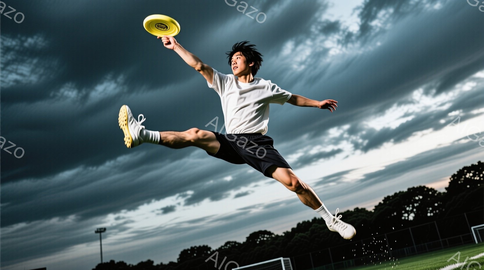 空中で足を高く上げ、フリスビーを投げる男性が写っている。彼は白いTシャツと黒いショーツ姿で、頭髪は無造作に跳ねている。背景には緑の芝生、木々、そしてドラマチックな雲が広がり、躍動感と活気に満ちた雰囲気 - AI生成フリー素材