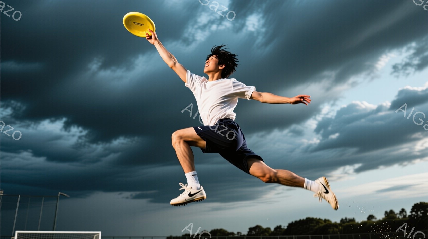 空中を高くジャンプした若い男性が写っている。彼は白いTシャツと紺色のショートパンツ、白いソックスとスパイクシューズを身に着けており、黒髪が風になびいている。背景は薄暗く曇り空で、テニスネットと緑の木々 - AI生成フリー素材