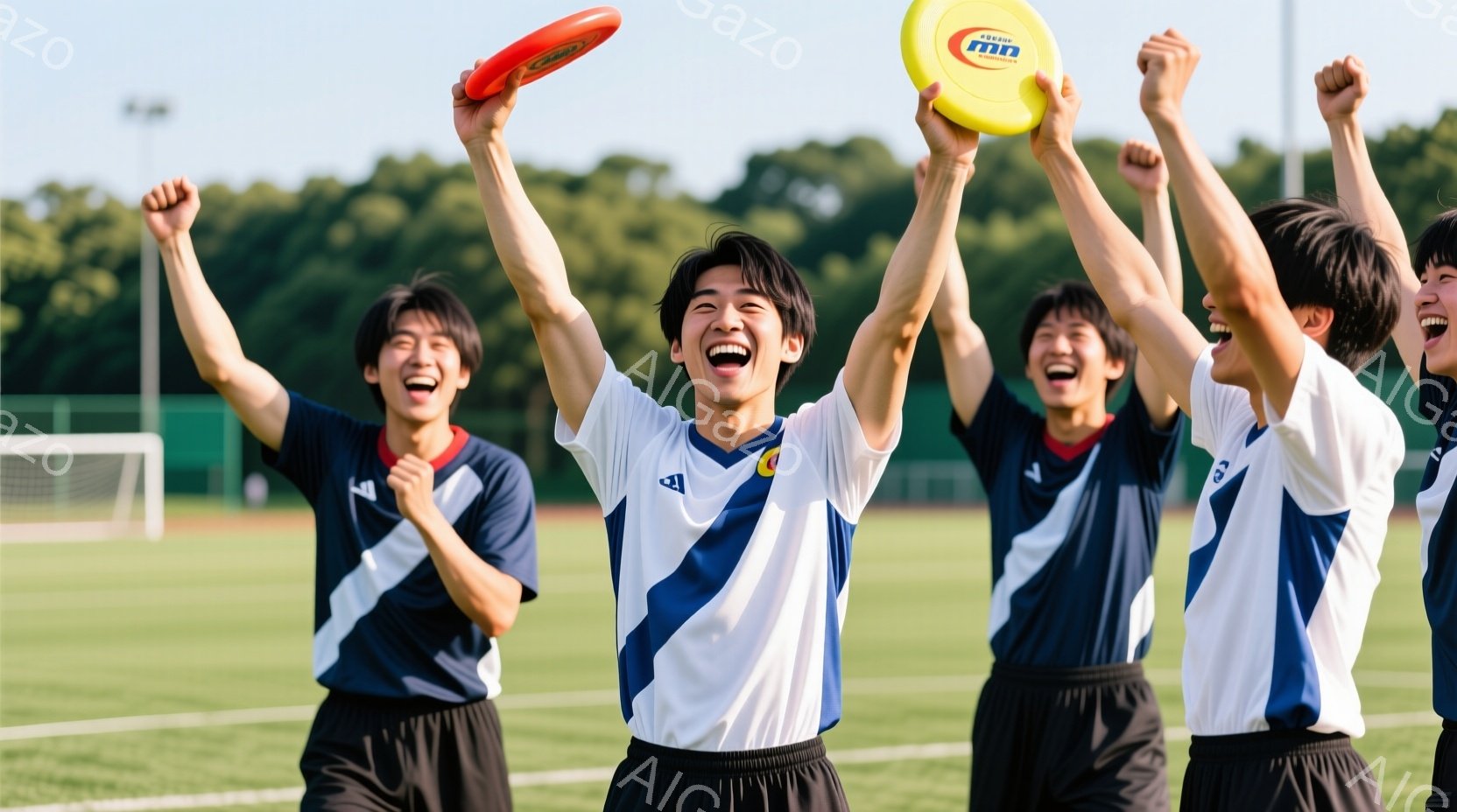 紺色のラインが入った白いサッカーユニフォームを着た若い男性たちが、フィールドで腕を上げて歓喜している様子が写っている。彼らは皆、黒いショートパンツを着用しており、笑顔で興奮した表情を見せている。背景に - AI生成フリー素材