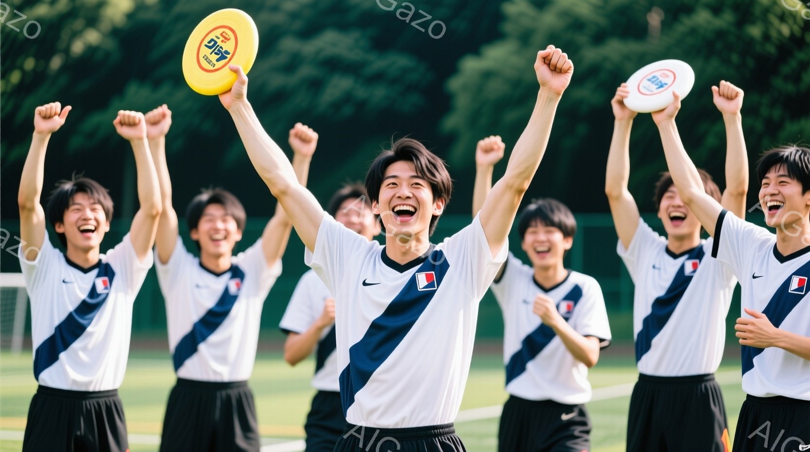 複数の若い男性が、白いシャツと黒いショーツ姿で、腕を高く上げて歓喜しています。彼らは皆、髪を短く整え、笑顔を浮かべており、興奮した雰囲気が伝わってきます。背景には緑豊かな自然が広がり、晴天の下、爽やかな屋外で撮影されたようです。