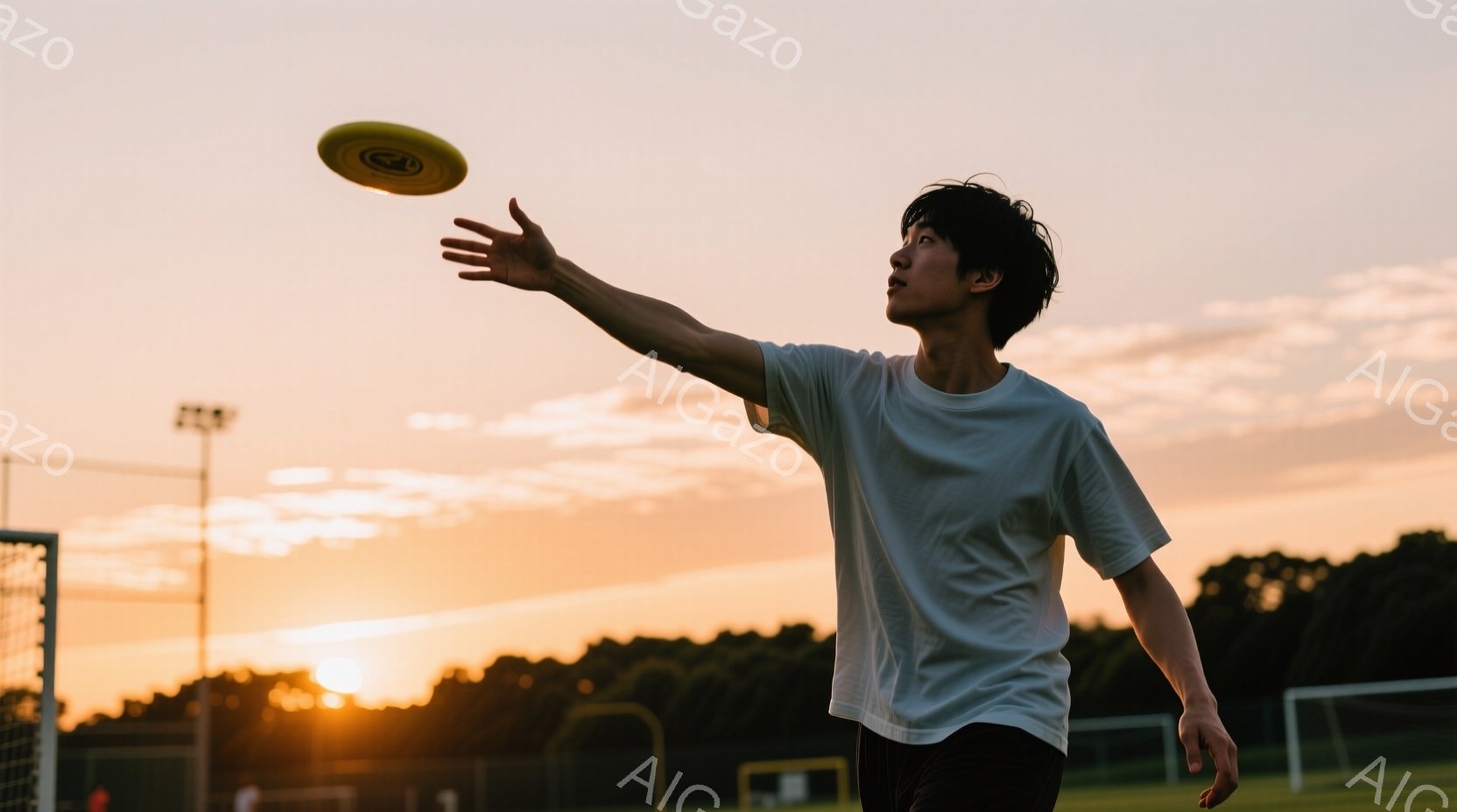 夕焼けを背景に、若い男性がフリスビーを投げている姿が捉えられています。白のTシャツと黒の短パン姿で、髪は短く、少し無表情な顔つきで、フリスビーに向かって腕を伸ばしています。背景には緑豊かな木々とサッカ - AI生成フリー素材