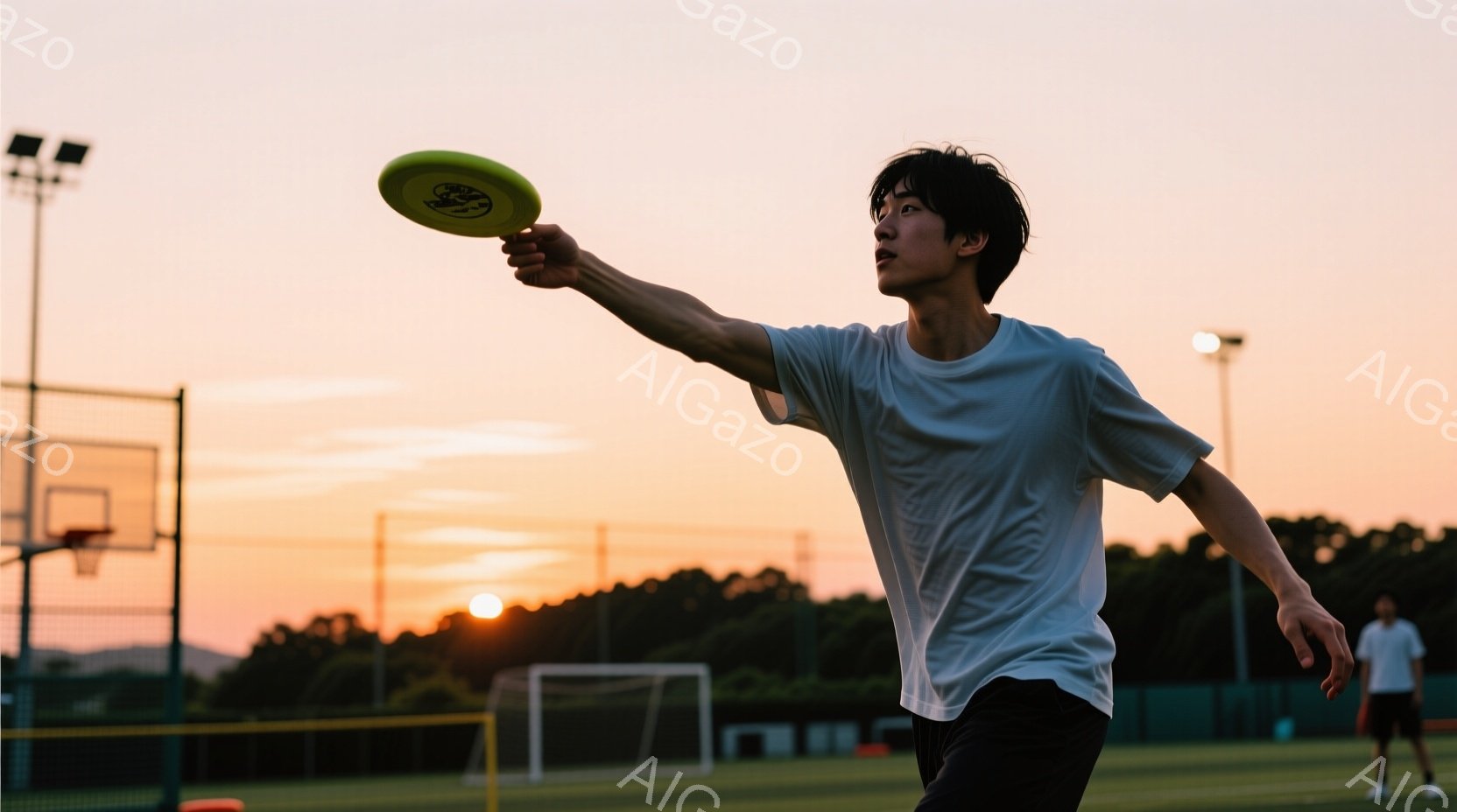 夕焼けを背景に、若い男性がフリスビーを投げている姿が捉えられている。白いTシャツと黒いパンツを身に着け、少し長めの黒髪を無造作にしている彼は、フリスビーを投げるために右腕を大きく伸ばし、真剣な表情で遠 - AI生成フリー素材