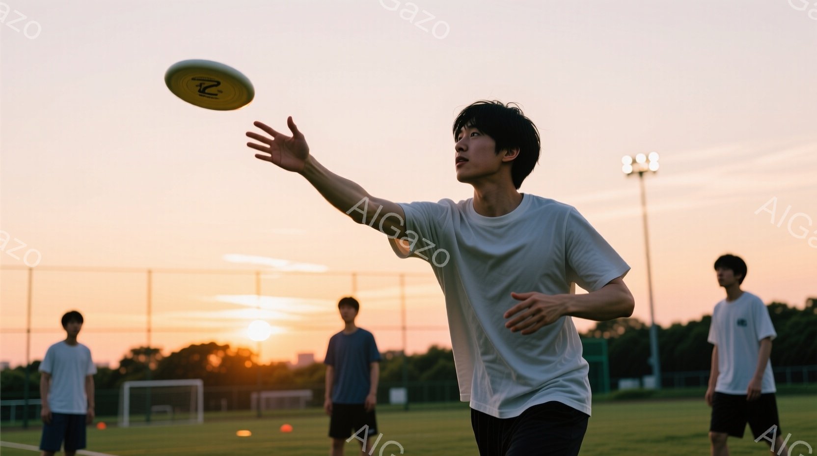 夕焼けを背景に、若い男性がフリスビーを投げる瞬間を捉えた写真です。彼は白いTシャツと黒い短パン姿で、少し前かがみの姿勢で腕を伸ばし、フリスビーを見つめています。背景にはサッカーコートとゴール、そしてオレンジ色の夕焼け空が広がり、活気のある夏の日の雰囲気が漂っています。